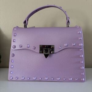 Lavender Handbag Spiky Studded Over Flap Top Handle Purse Bold Shoulder Strap